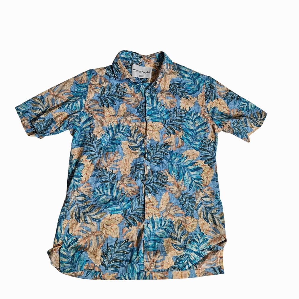 Tori Richard Mens Small Blue Tropical Monstera Palm Leaf Aloha Shirt Made Hawaii